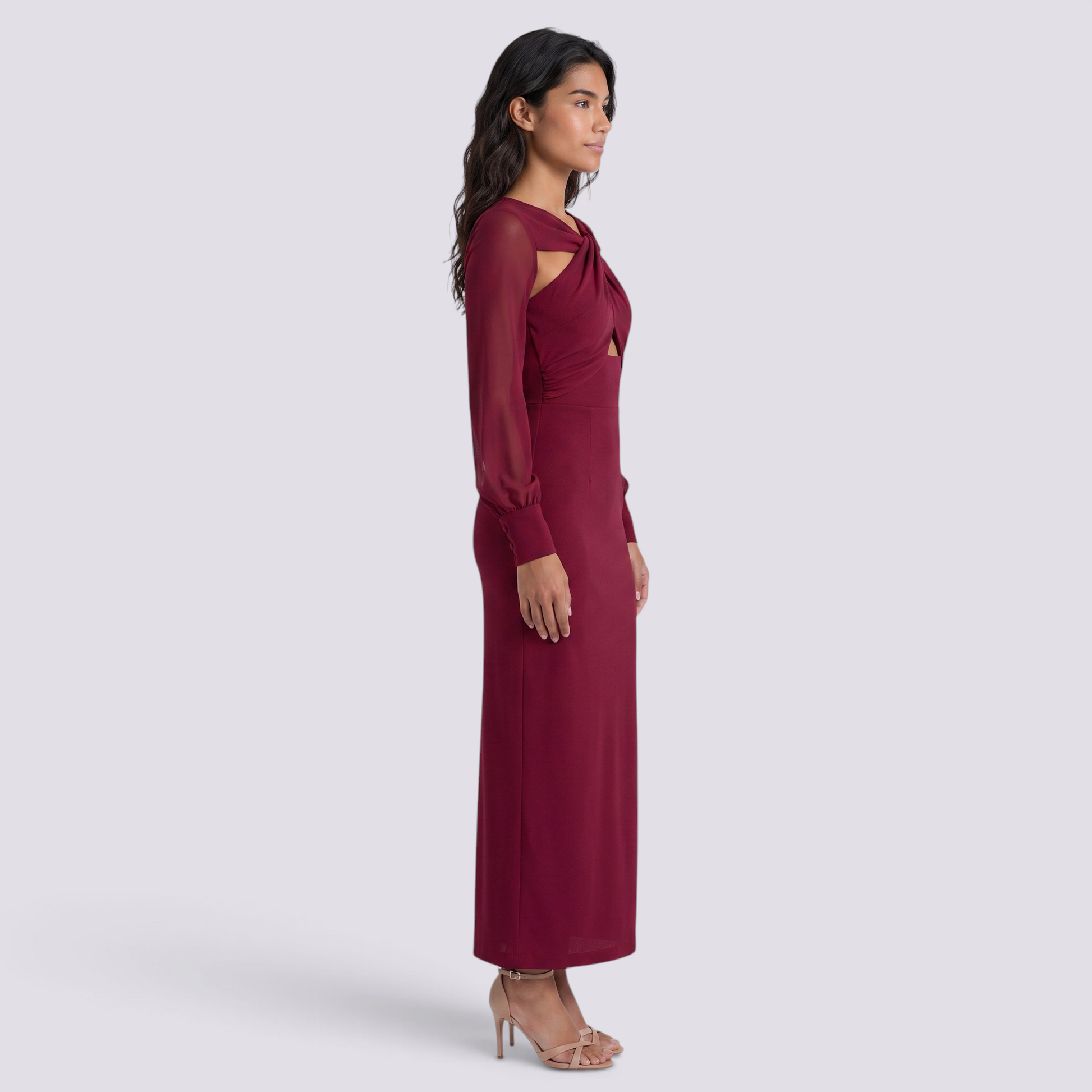 Essyro long-sleeve slim-fit midi dress in burgundy with a cutout knot detail at the waist worn by a model