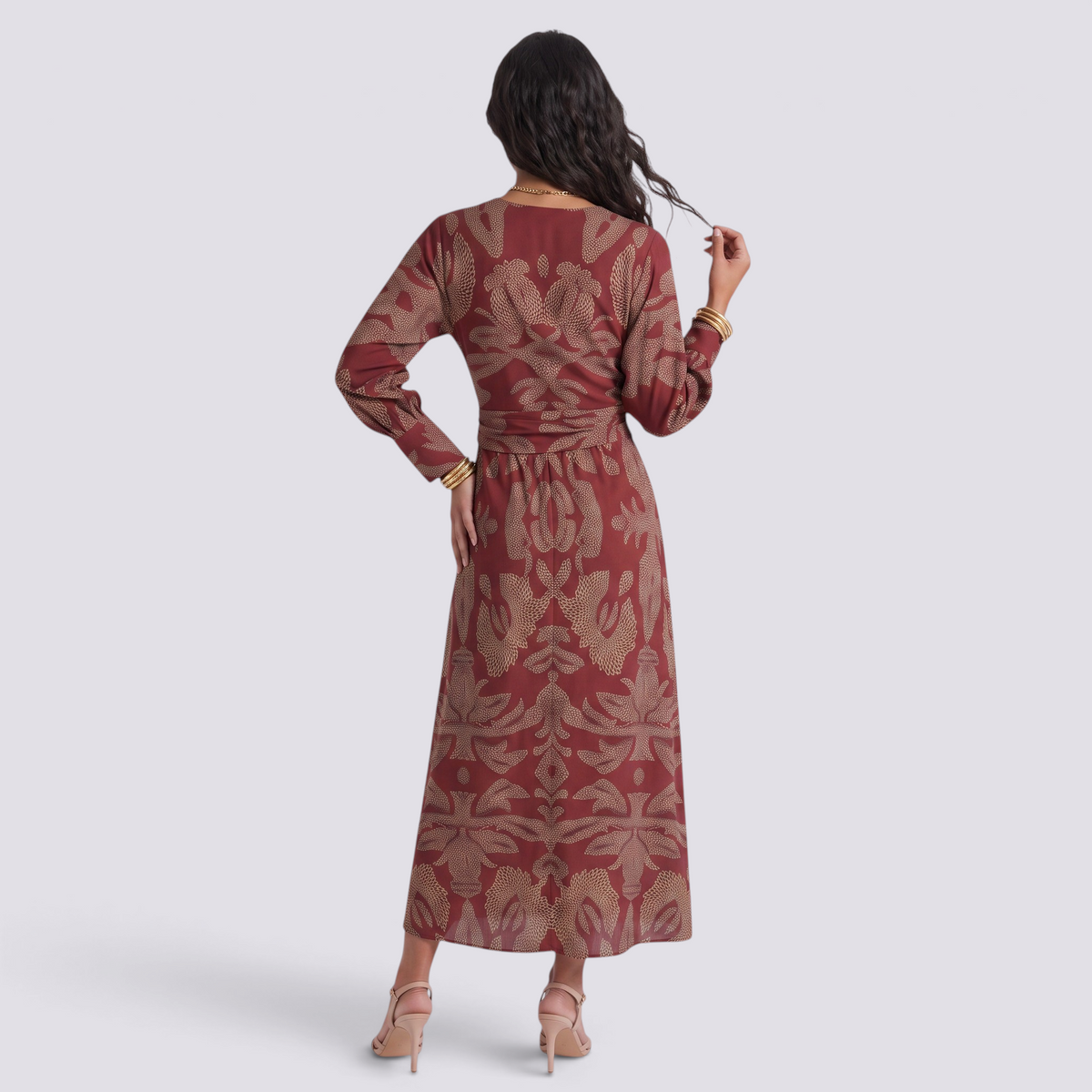 Essyro midi A-line dress in burgundy with artistic beige print, featuring 3/4 sleeves and a flattering back view.