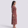 Essyro midi dress in burgundy with an artistic print, featuring a V-neck, 3/4 sleeves, and a flattering A-line cut.