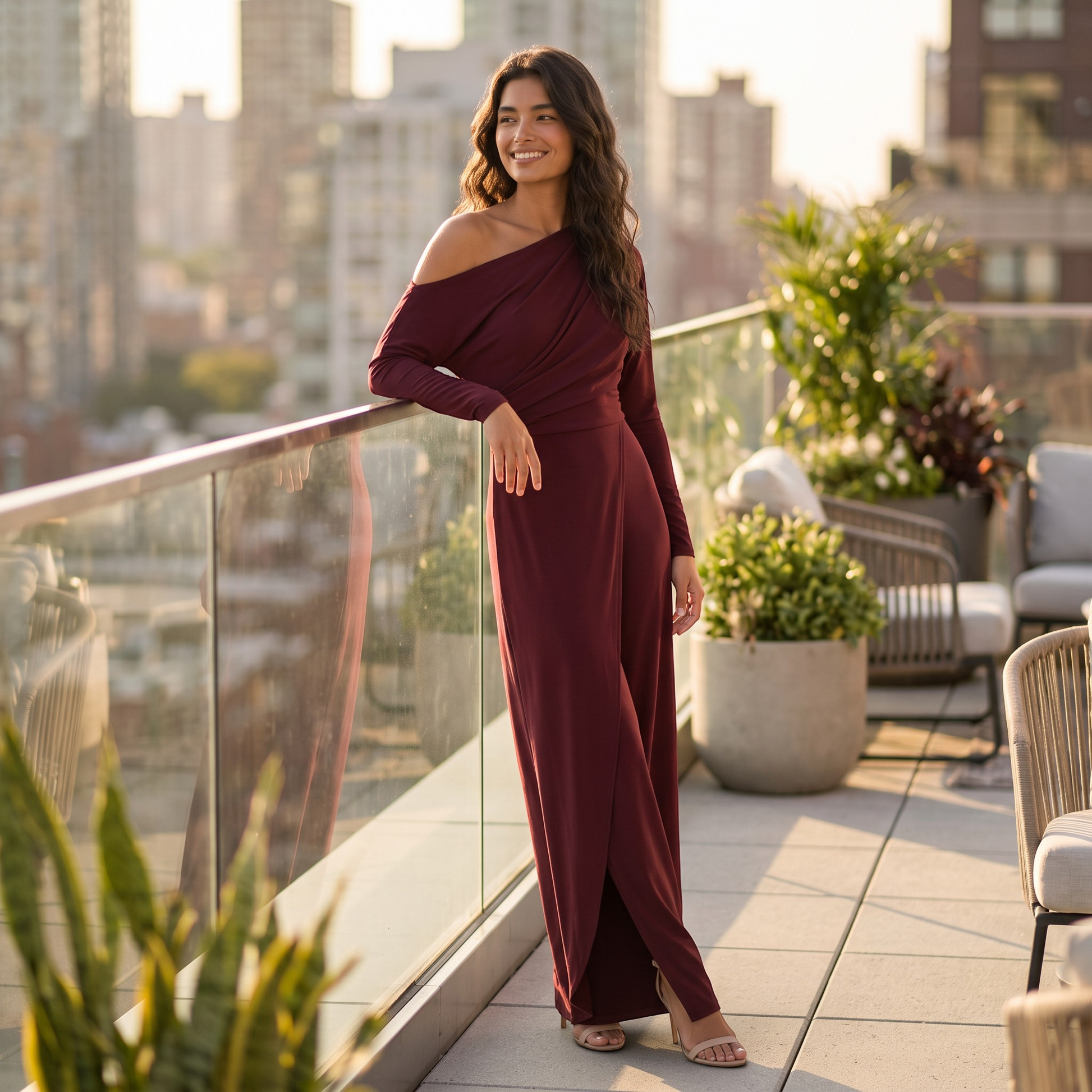 Essyro burgundy one-shoulder jumpsuit with long draped sleeve and wide-leg wrap trousers on a smiling woman
