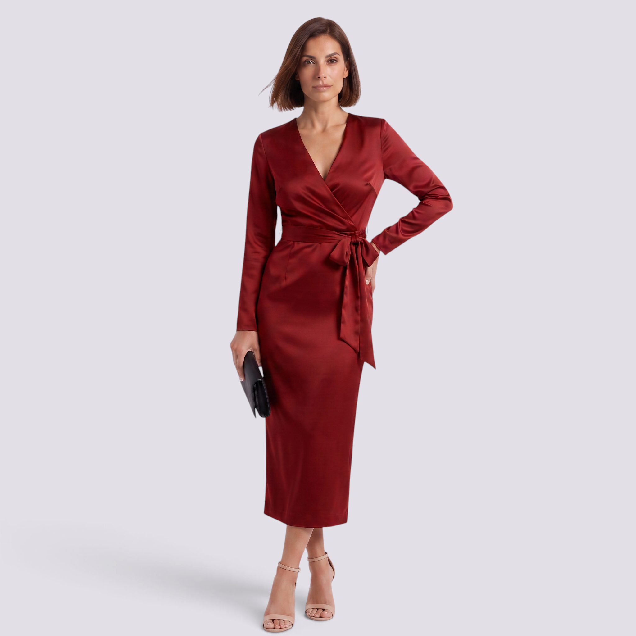 Essyro midi wrap dress in burgundy satin with long sleeves, v-neck, and waist tie worn by a woman with a clutch.