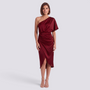 Essyro burgundy satin one-shoulder midi dress with an asymmetrical hem and ruched waist on a model