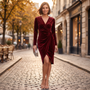Essyro burgundy velvet cocktail dress with V-neck, long sleeves, and irregular hem worn by a woman on a city street.