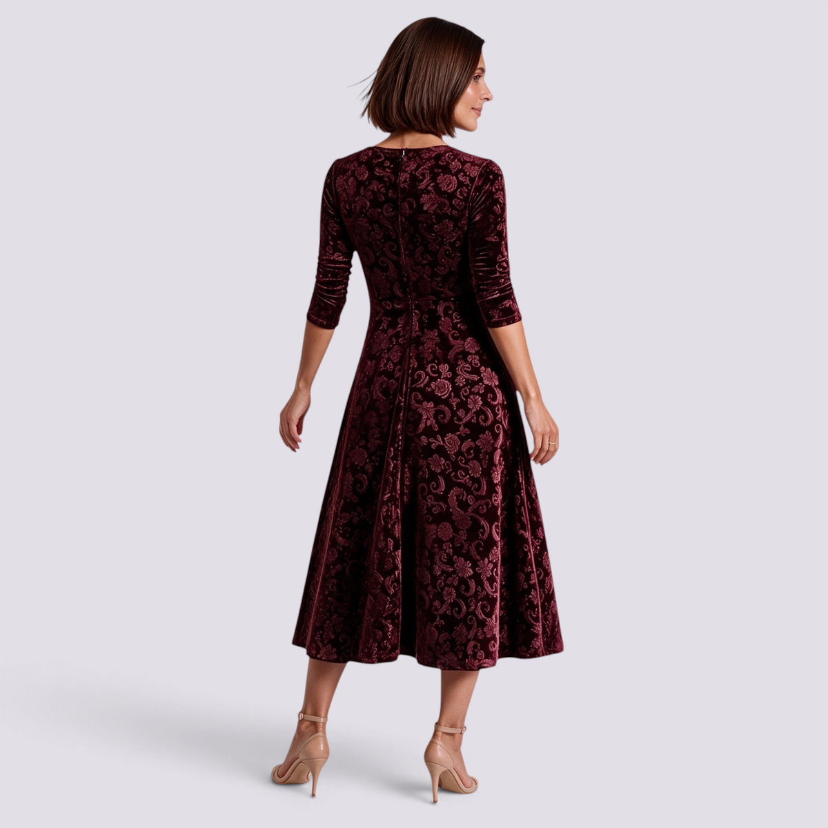 Essyro burgundy velvet midi dress with floral jacquard pattern, square neckline, and A-line skirt, back view.