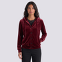 Essyro burgundy velvet hooded cardigan with front buttons and pockets worn by a model