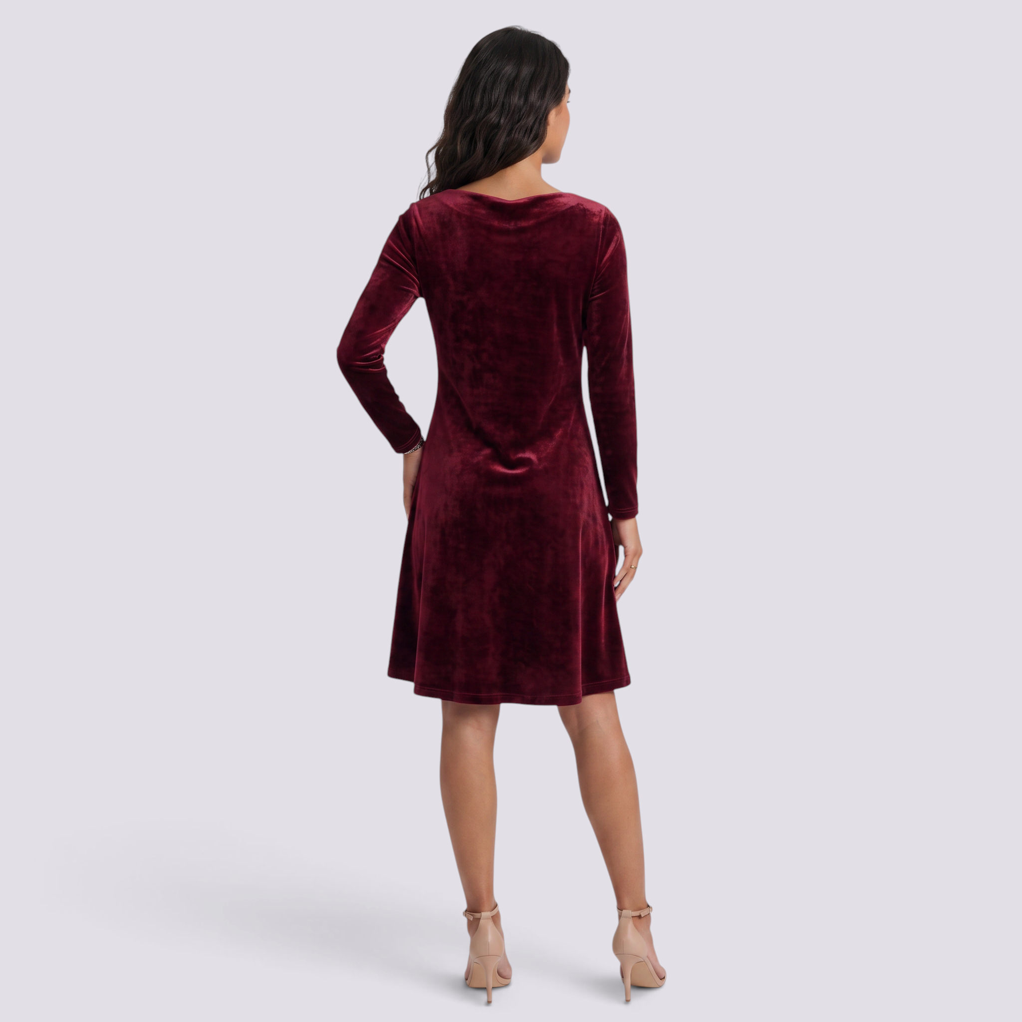 Essyro burgundy velvet short dress with long sleeves and a flared silhouette, back view on a model.