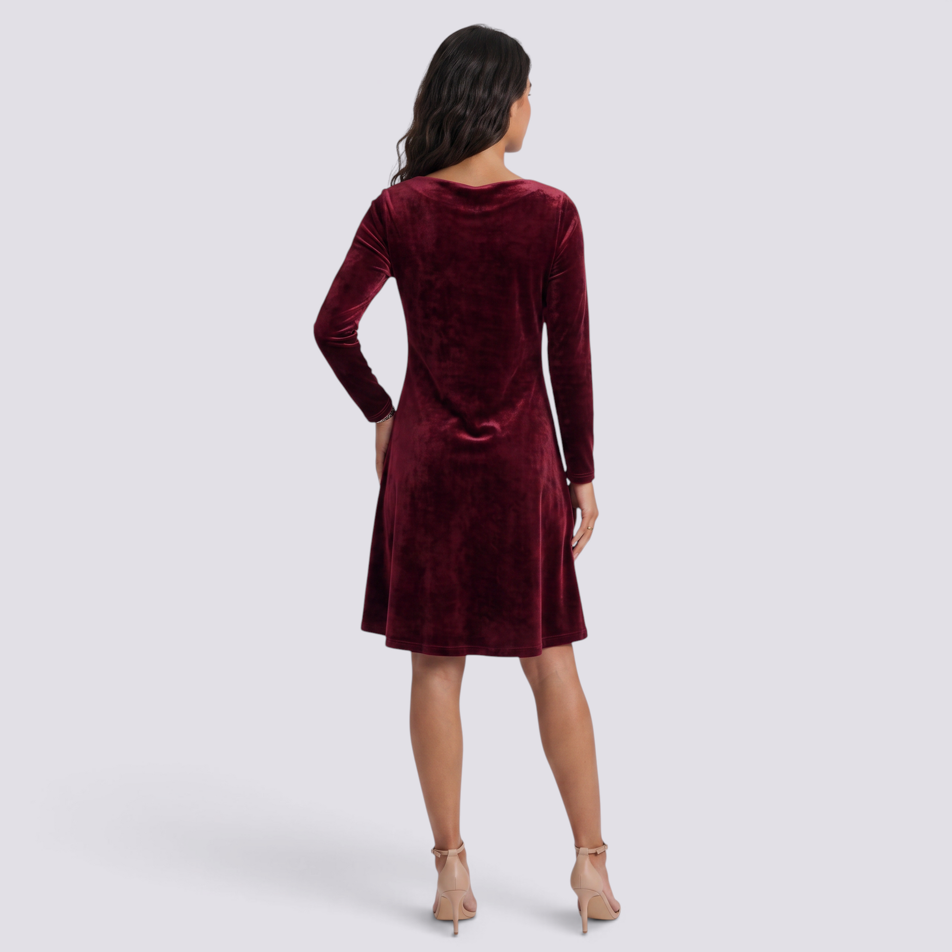 Essyro burgundy velvet short dress with long sleeves and a flared silhouette, back view on a model.