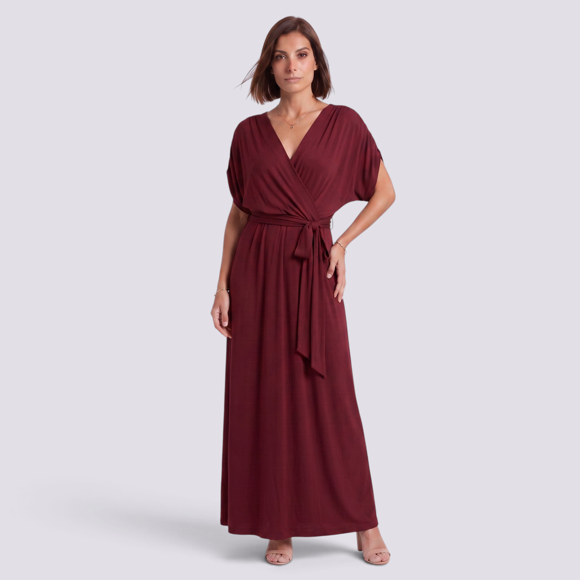 Essyro elegant floor-length burgundy wrap dress with short sleeves and a tie waist on a model