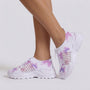 Essyro women's white chunky sneakers with purple butterfly print, breathable mesh, and lace-up sock-style design.