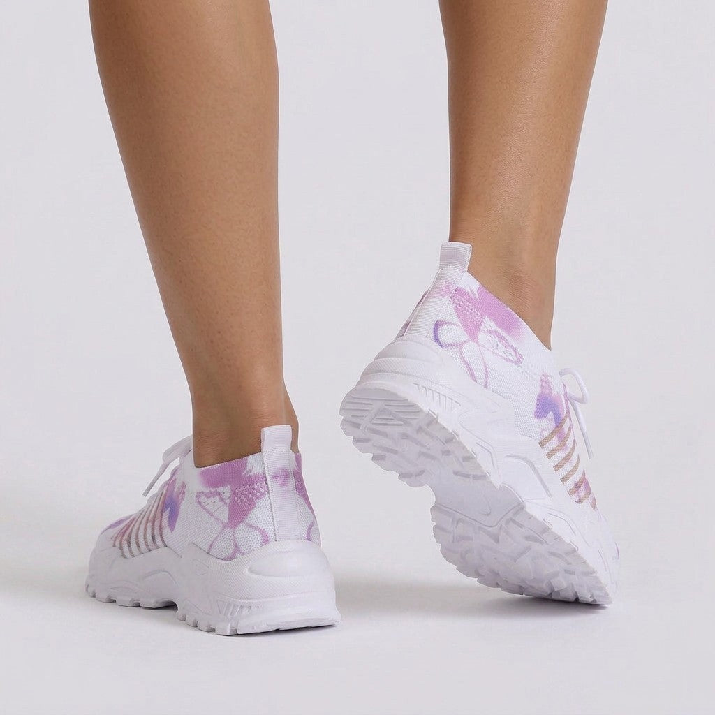 Essyro women's white chunky sneakers with purple butterfly print, breathable mesh sock-style fit and lace-up closure.