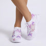 Essyro women's white mesh sneakers featuring a purple and pink butterfly print, lace-up closure, and flexible sole.