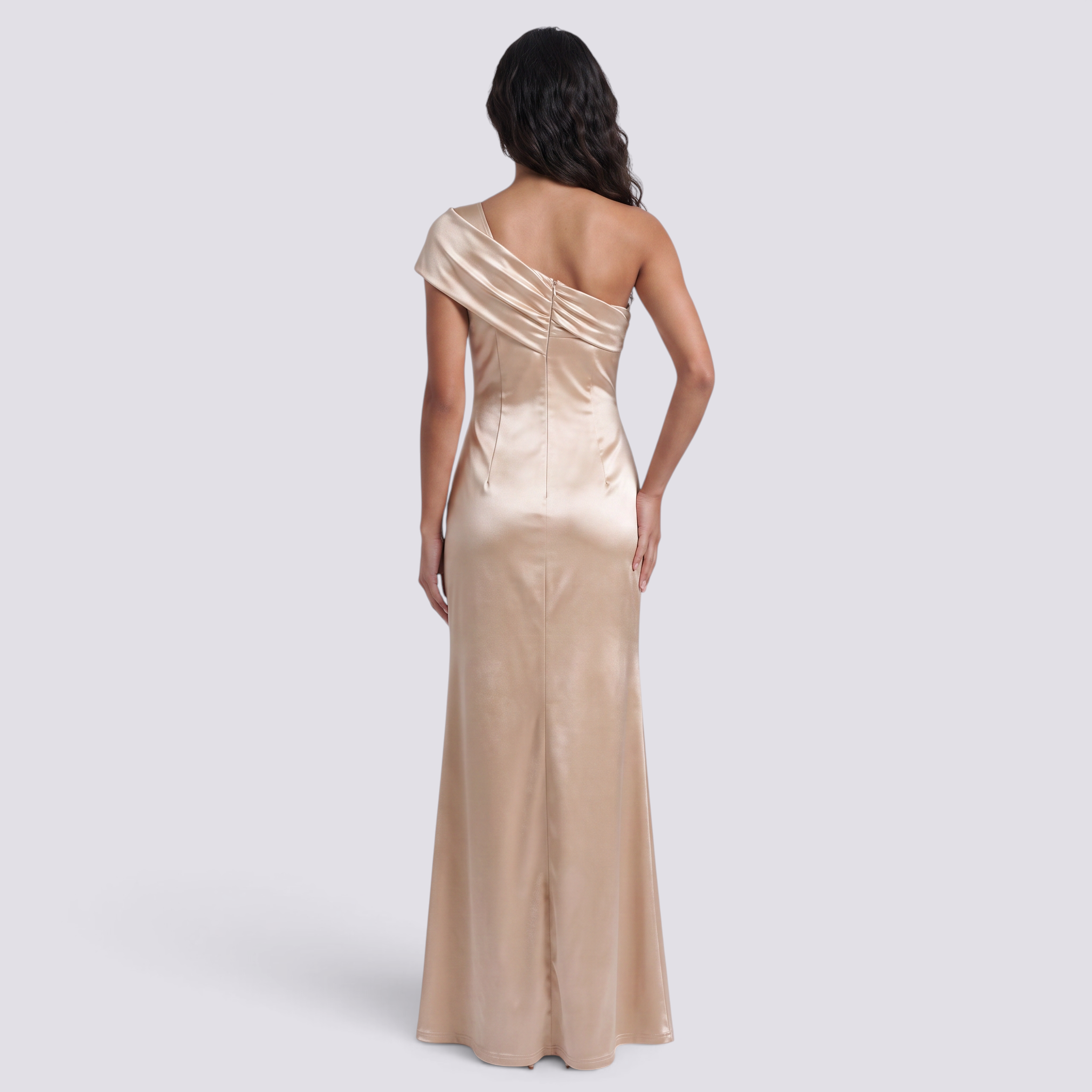Essyro champagne satin floor-length evening gown with an asymmetrical one-shoulder design, back view