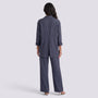 Essyro two-piece set featuring a charcoal grey long-sleeve button-back shirt and matching wide-leg trousers