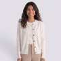 Essyro cream wool cardigan with round neck and button front worn by a smiling woman on a neutral background
