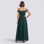 Essyro dark green floor-length evening gown with a bardot neckline, lace bodice, and flowing A-line chiffon skirt.