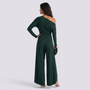 Essyro dark green one-shoulder jumpsuit with long draped sleeve and wide-leg trousers, back view on a model