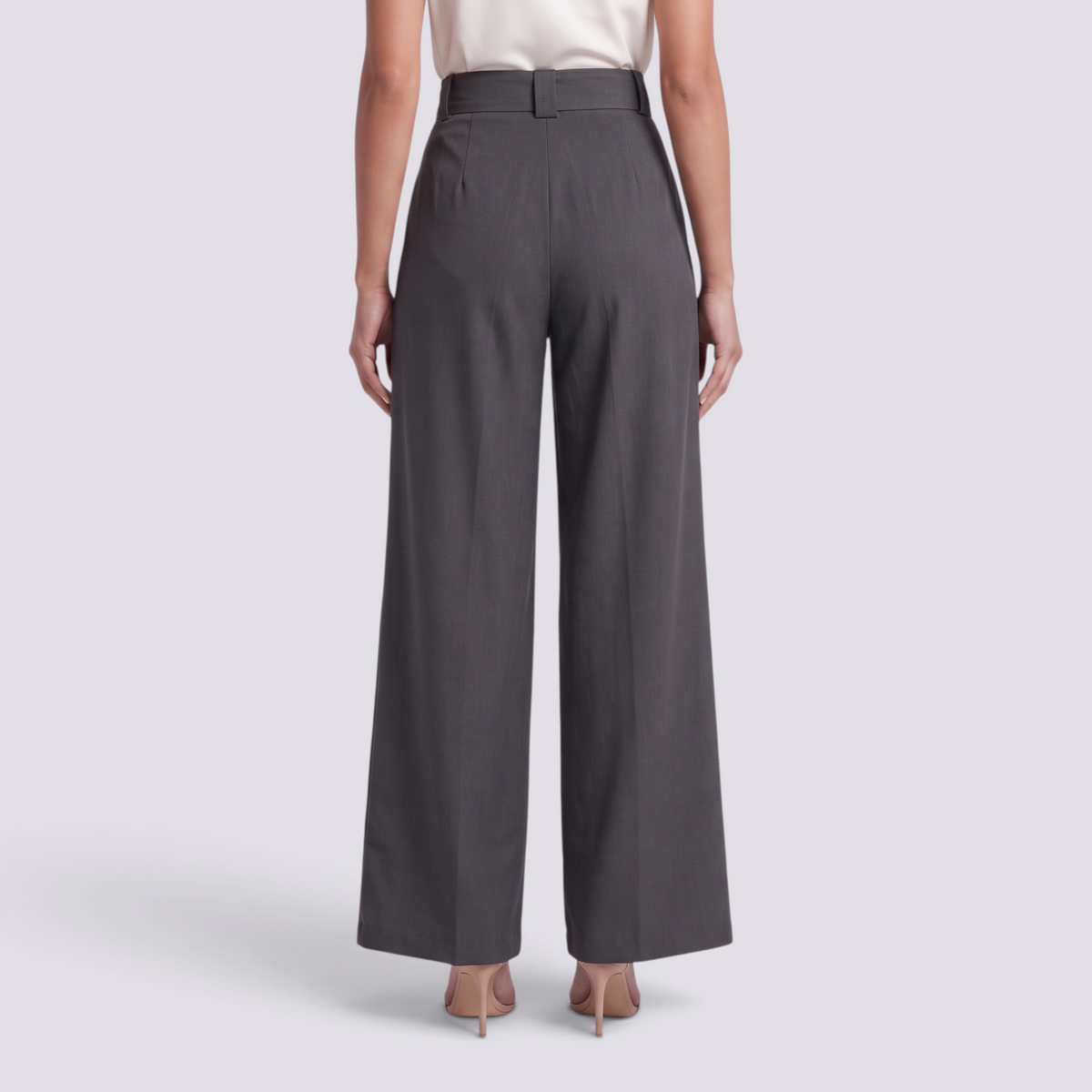 Essyro dark grey high-waisted wide-leg tailored trousers with a fluid drape, viewed from the back.