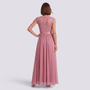 Essyro dusty pink maxi dress with lace bodice, cap sleeves, and high-waisted flowing skirt, back view