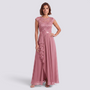 Essyro dusty pink A-line maxi dress with delicate lace bodice, high waist, and ruffled skirt detail on a model
