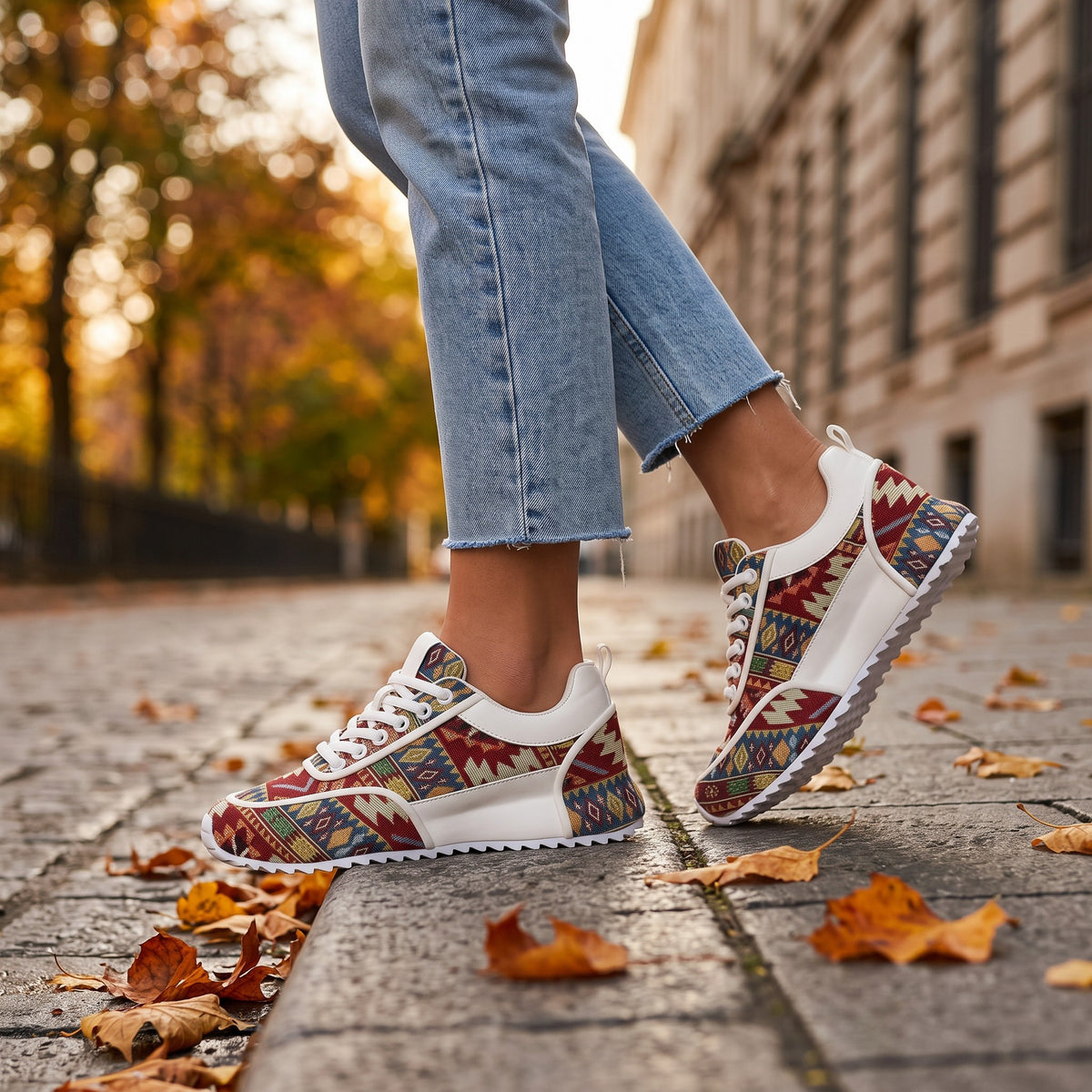 Essyro chunky dad sneakers with woven ethnic pattern, white trim, and lace-up closure worn with light blue jeans.
