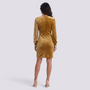 Back view of an Essyro gold velvet party dress with long sequin sleeves and a fitted silhouette on a model