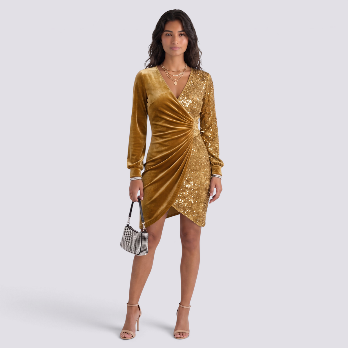Essyro gold velvet and sequin party dress with V-neck, long sleeves, and draped waist worn by a model with heels.