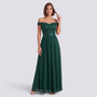 Essyro elegant dark green floor-length gown with a bardot neckline, lace bodice, and a flowing A-line chiffon skirt.
