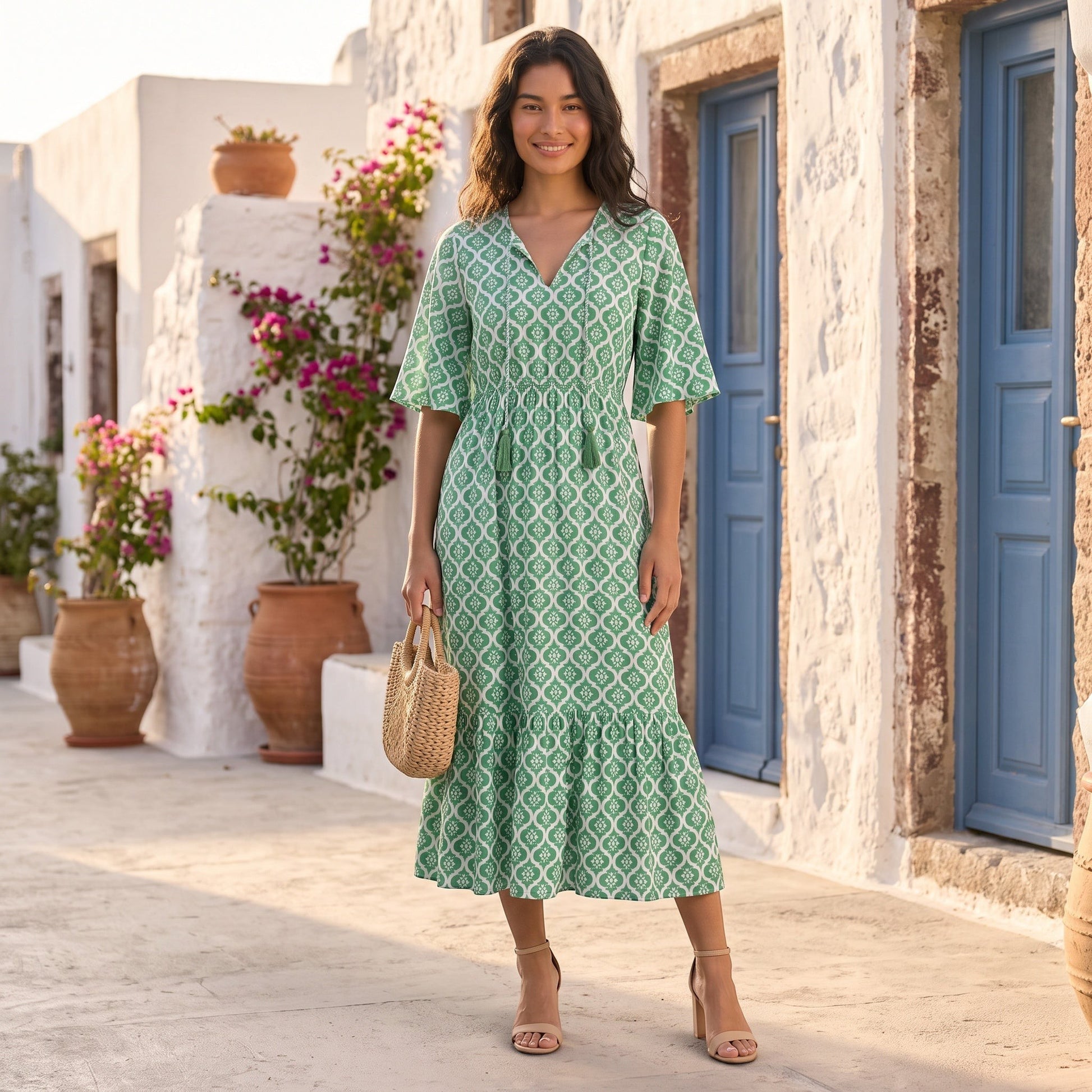 Essyro green boho maxi dress with V-neck, short sleeves, and geometric pattern worn by a woman in a sunny village.