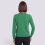 Essyro green crew neck knit cardigan worn by a woman, showing the back view with ribbed cuffs and hem.