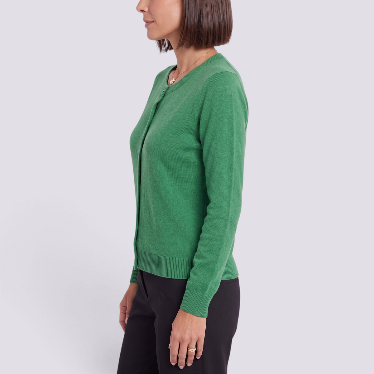 Essyro green crew neck knit cardigan for women with long sleeves and button-down front, side view