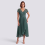 Essyro dark green midi dress with V-neck, delicate lace bodice, and flowing chiffon skirt on a model