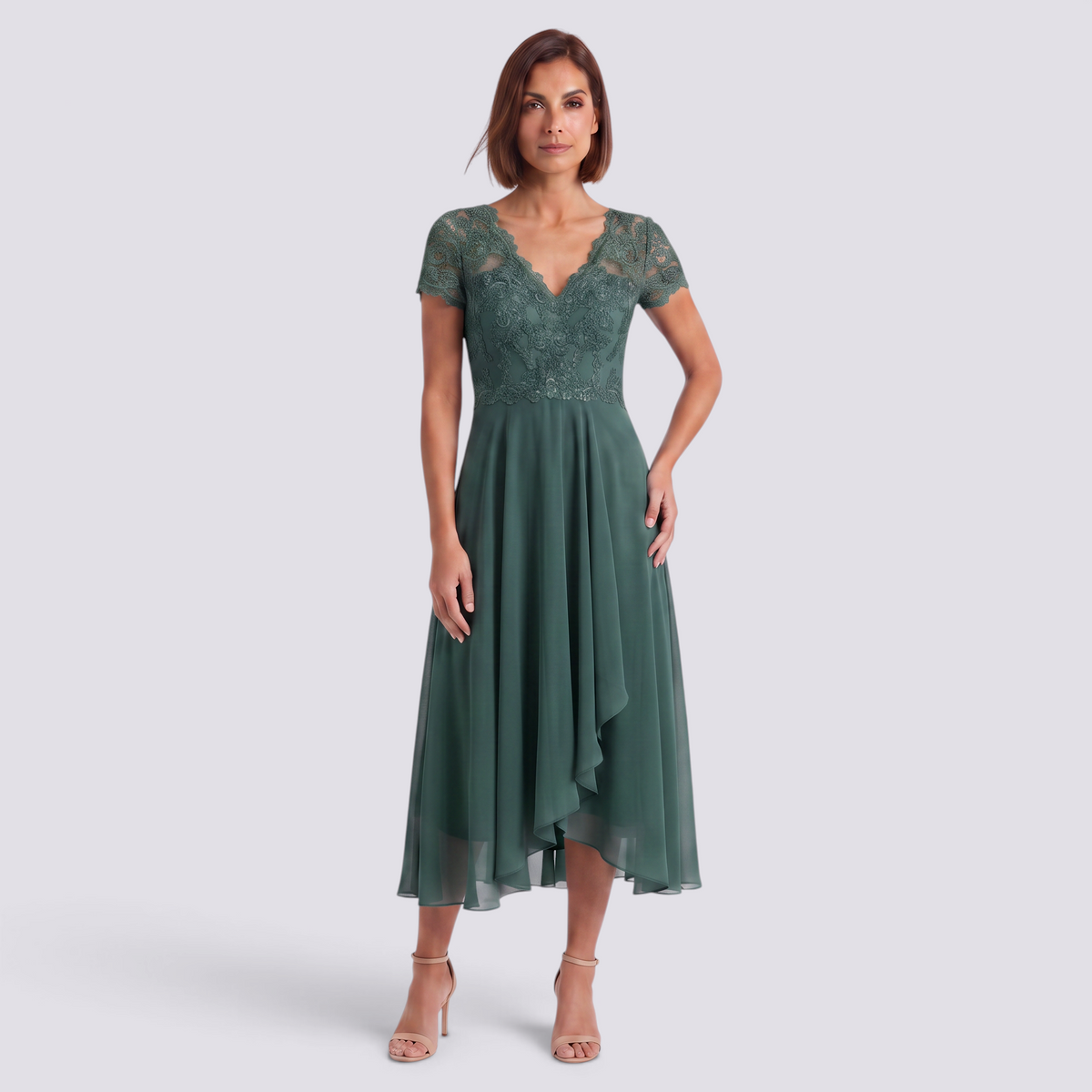 Essyro dark green midi dress with V-neck, delicate lace bodice, and flowing chiffon skirt on a model