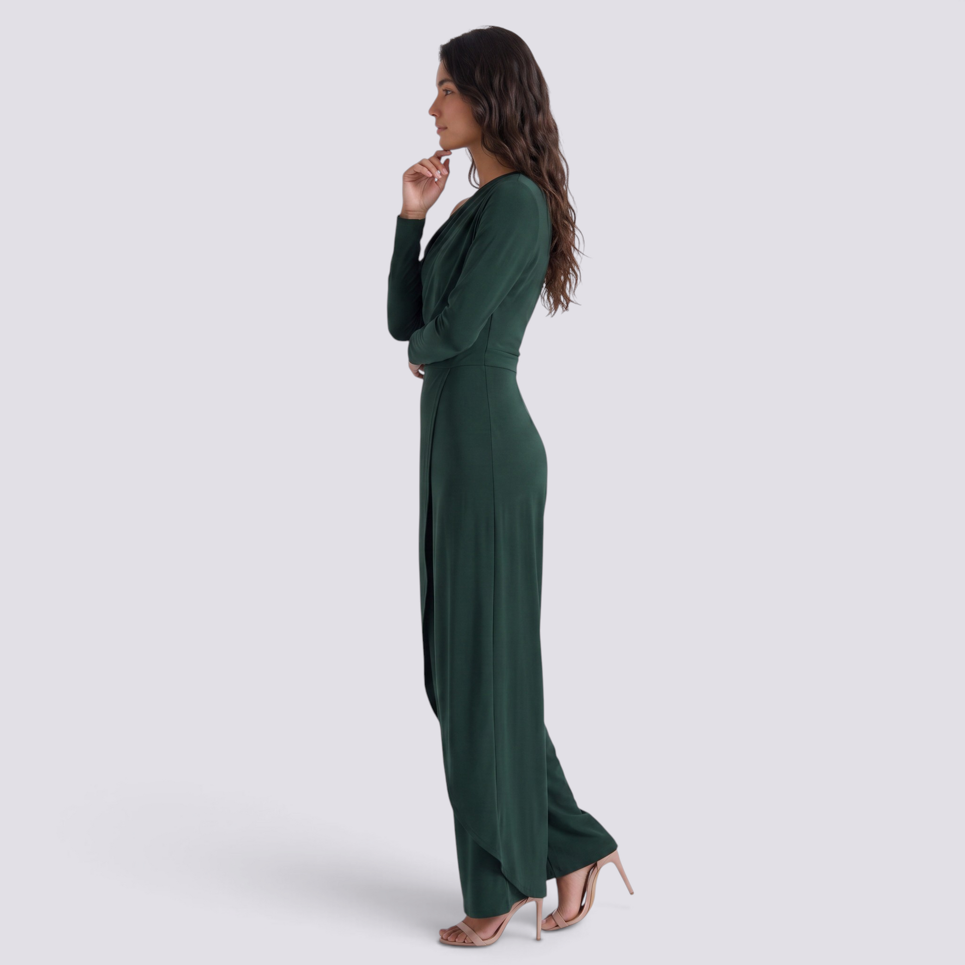 Essyro dark green one-shoulder jumpsuit with long draped sleeve and wide-leg wrap trousers on a model
