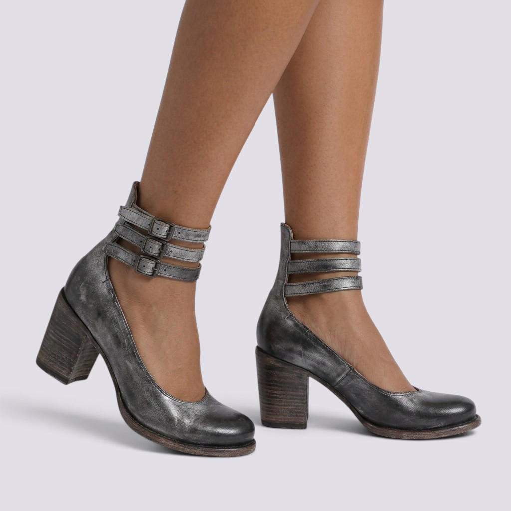 Essyro grey snake-effect leather block heel pumps with triple adjustable ankle buckles and round toe