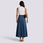 Essyro high-waisted maxi denim skirt with vertical panels and flared silhouette, back view on a model.