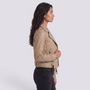 Essyro khaki faux leather biker jacket worn by a woman in profile, featuring a belted waist and zip details.