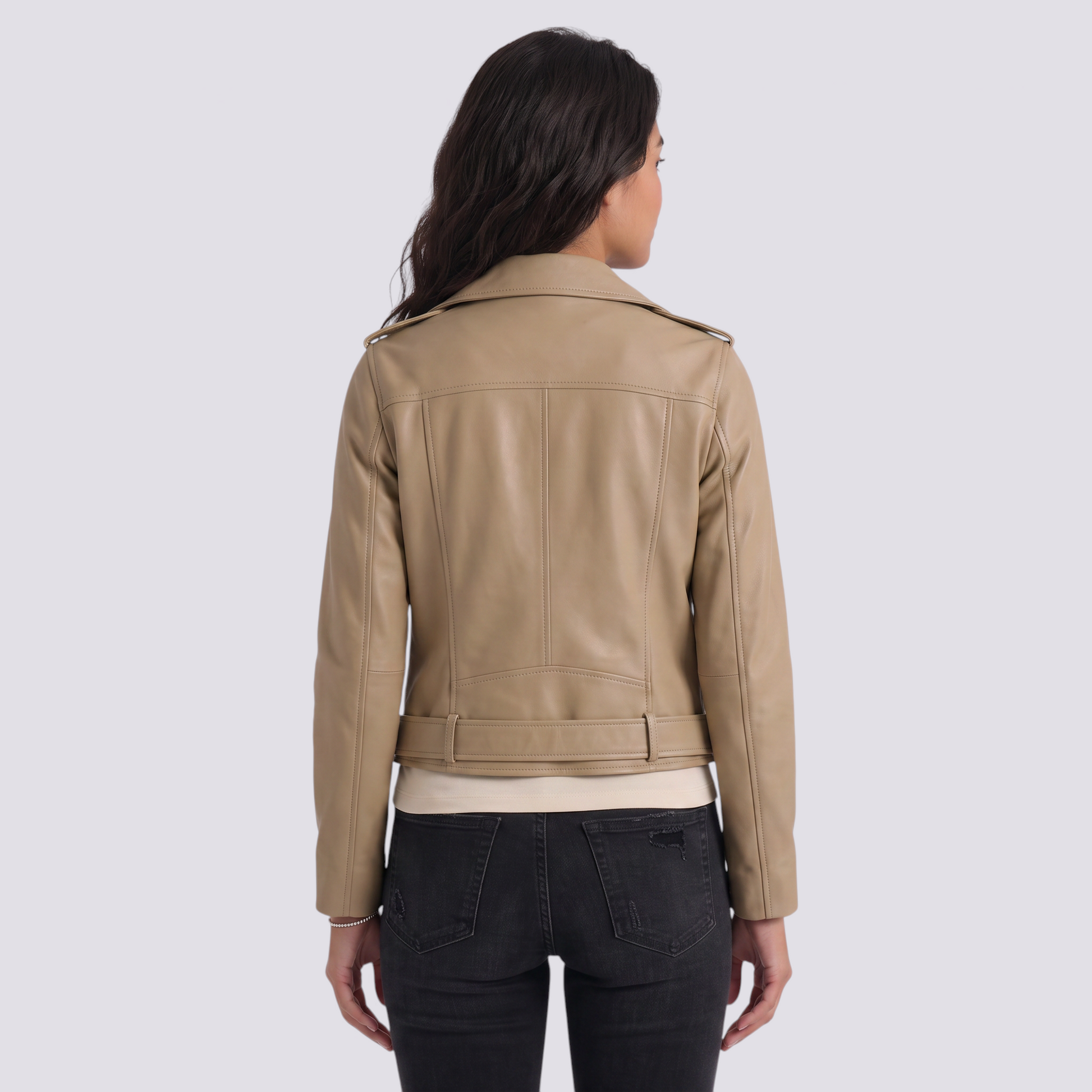 Essyro khaki faux leather biker jacket for women, back view showing tailored fit and belted waist detail.