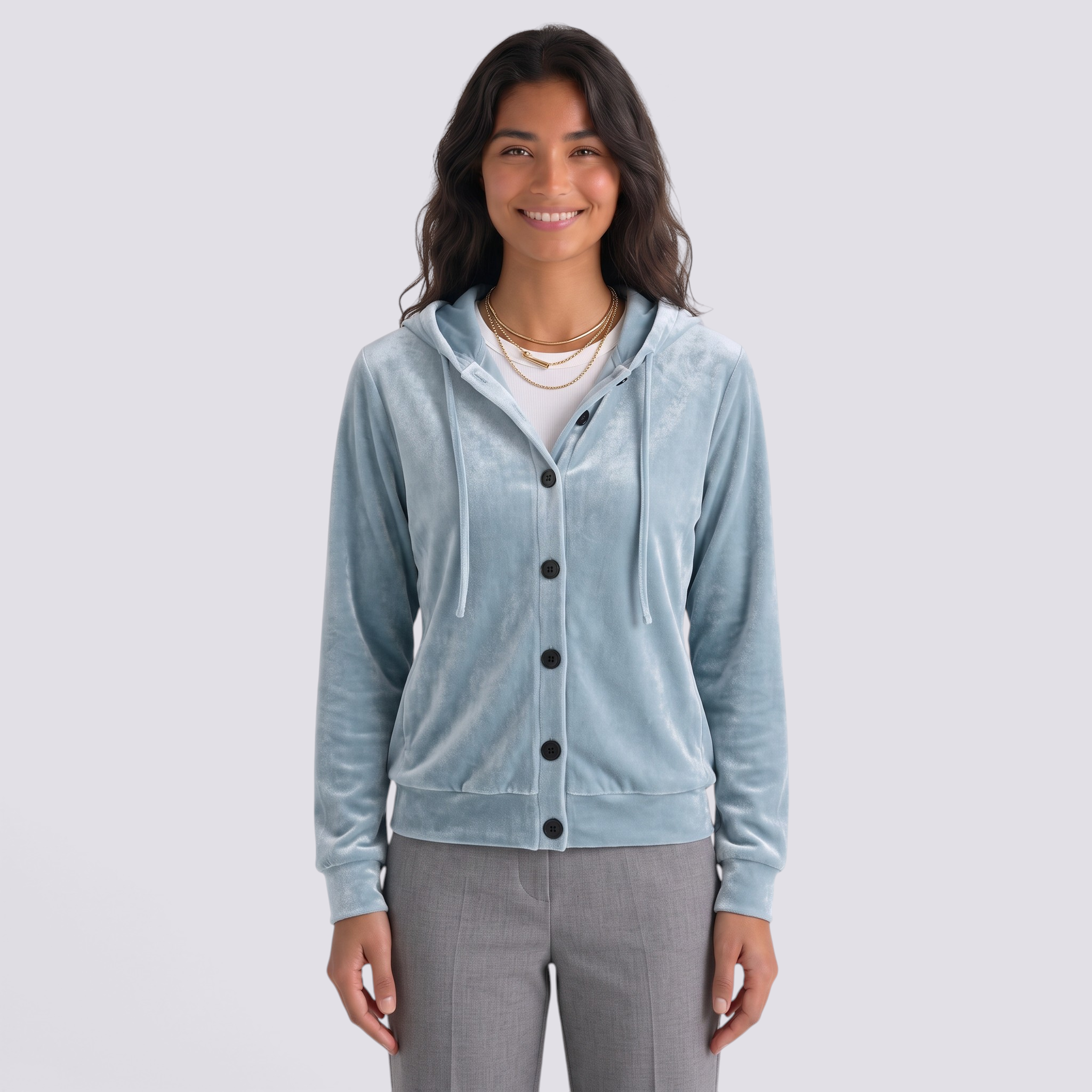 Essyro light blue velvet hooded cardigan with front button closure worn by a smiling woman on a white background