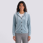 Essyro light blue velvet hooded cardigan with front button closure worn by a smiling woman on a white background