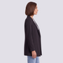 Essyro long black open-front blazer with notch lapels worn by a woman in profile view