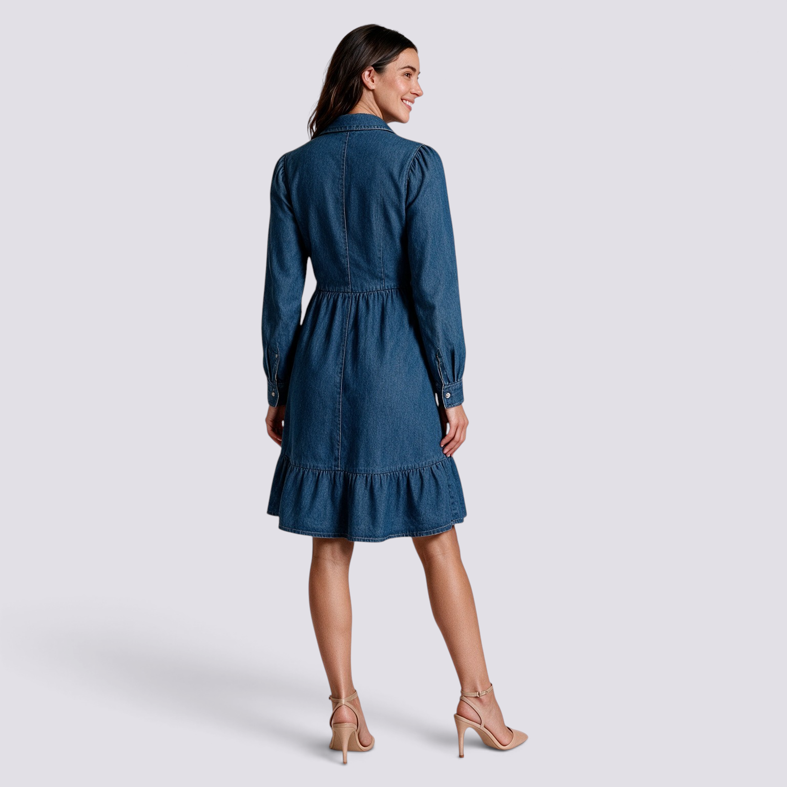 Essyro long-sleeve denim shirt dress with a ruffled hem and cinched waist, shown from the back on a female model.