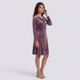 Essyro short velvet dress in mauve with a draped cowl neckline and long sleeves worn by a model on a white background
