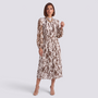 Essyro midi dress with brown and white abstract print, high neck, long sleeves, and pleated skirt on a model