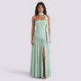Essyro mint green floor-length evening dress with halter neck, strapless bodice, and draped asymmetric side slit skirt