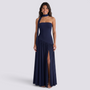 Essyro navy blue floor-length evening dress with halter neck, strapless bodice, and draped asymmetric side slit skirt