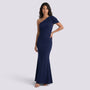 Essyro navy blue floor-length mermaid gown with an asymmetrical one-shoulder neckline and draped sleeve detail.