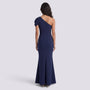 Essyro navy blue floor-length mermaid evening gown with an asymmetrical one-shoulder design and draped sleeve.
