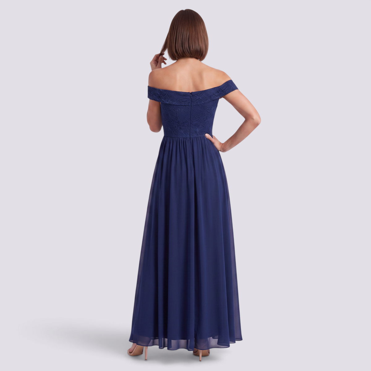Essyro navy blue floor-length evening gown with a Bardot neckline, lace bodice, and a flowing A-line chiffon skirt.