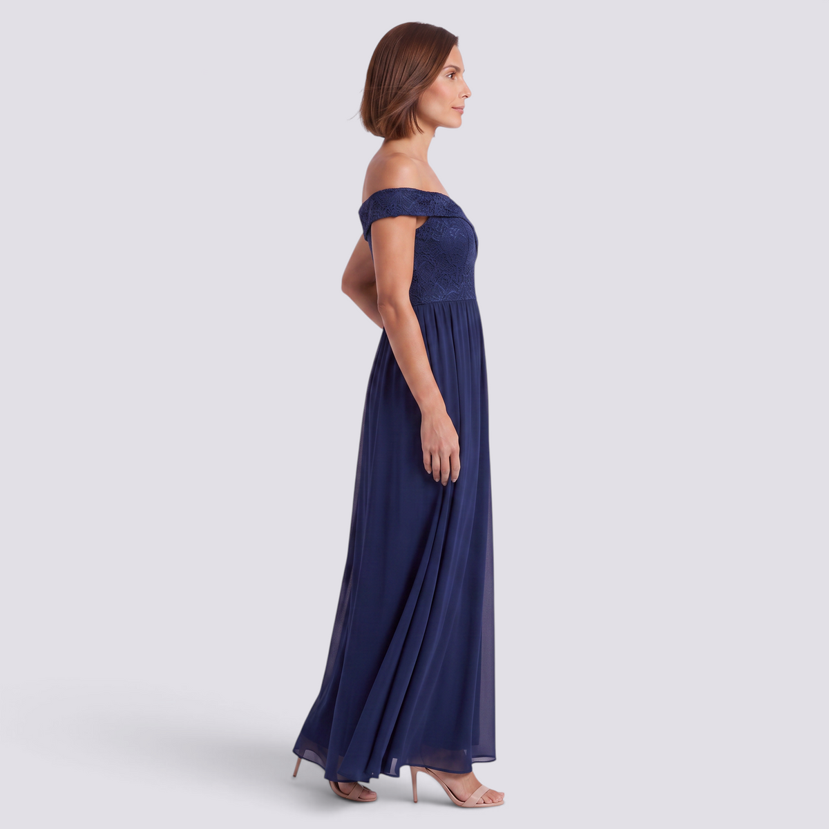 Essyro navy blue floor-length formal gown with bardot neckline, lace bodice, and flowing A-line chiffon skirt