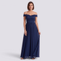 Essyro navy blue floor-length formal gown with an off-the-shoulder bardot neckline and lace bodice